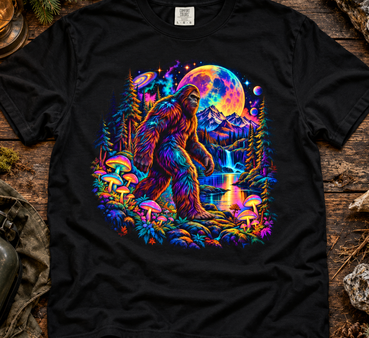 Bigfoot Neon Forest T-Shirt — Psychedelic Sasquatch Scene