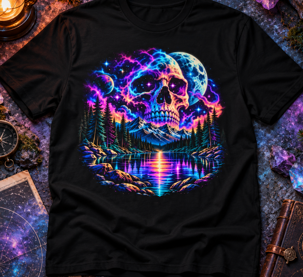 Neon Skull and Moonlight Forest Graphic T-Shirt