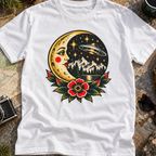 Moon & Forest Tattoo Tee — Vintage Crescent Moon, Night Sky and Flower Graphic T-Shirt