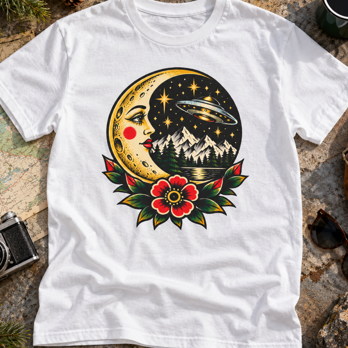Moon & Forest Tattoo Tee — Vintage Crescent Moon, Night Sky and Flower Graphic T-Shirt