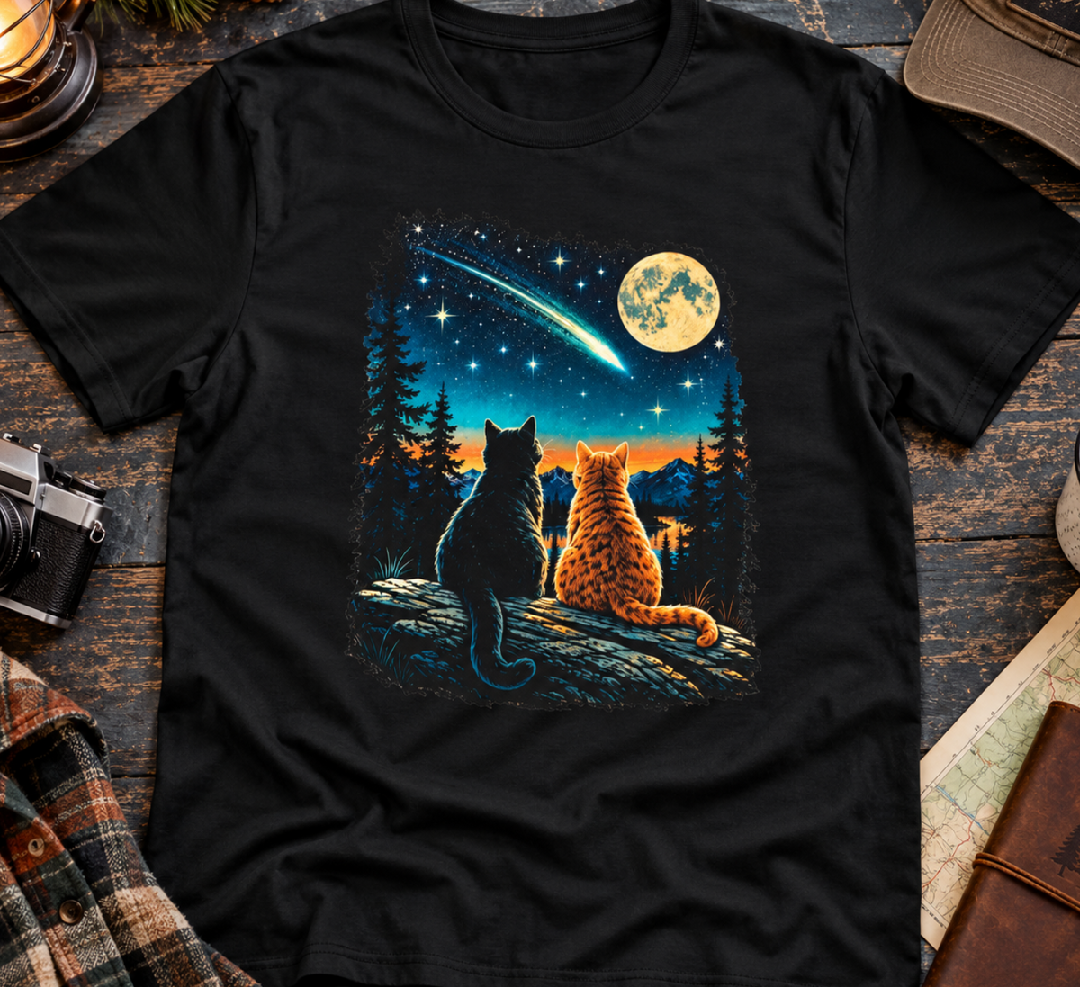 Mystical Cat and Moon Night Sky T-Shirt