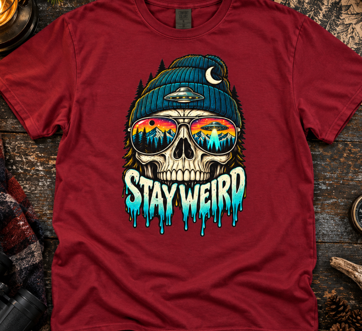 Stay Weird Skull Tee — Retro Sunset Skull Graphic T-Shirt