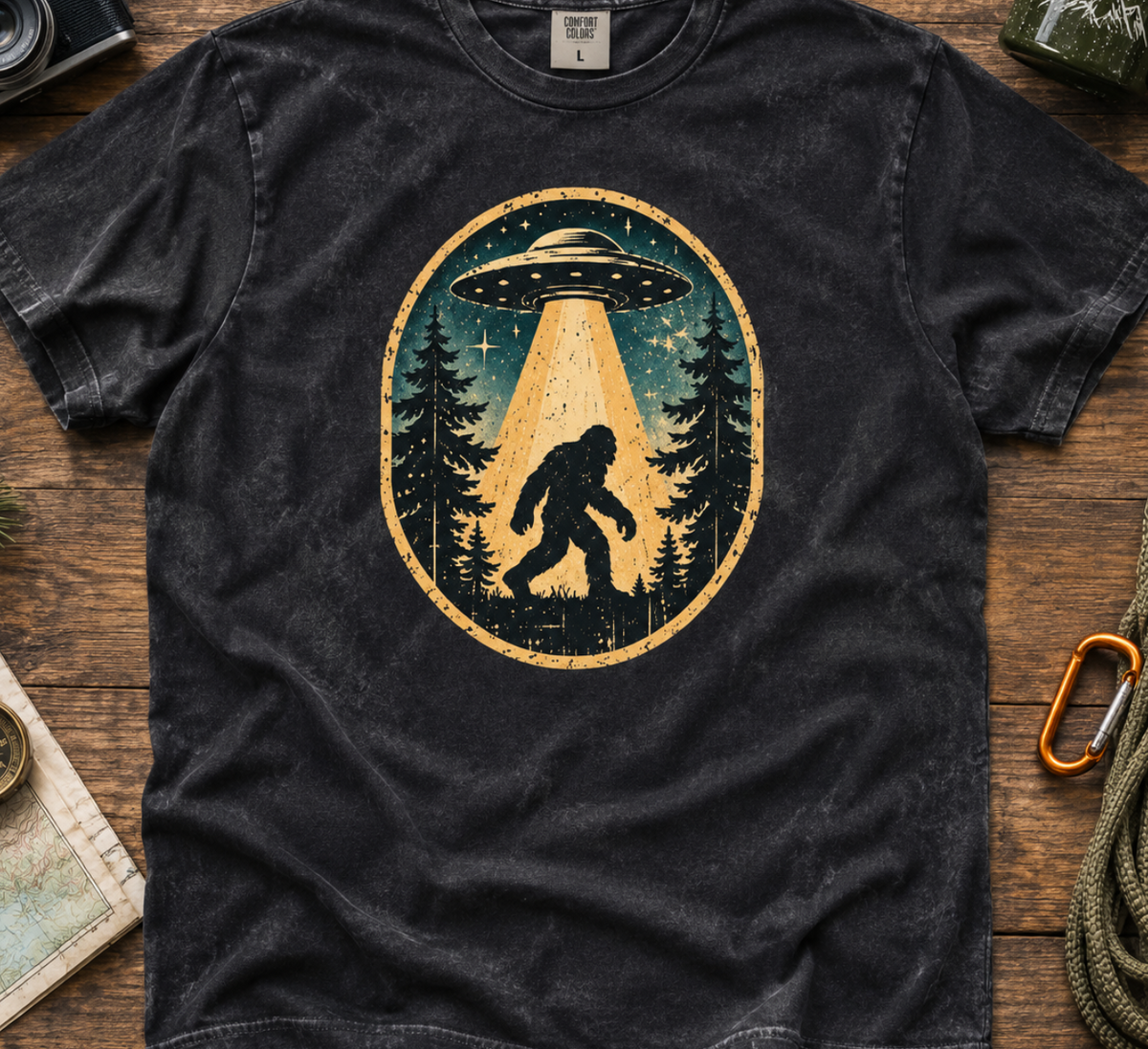 Bigfoot UFO Crewneck Tee — Vintage Stone Washed Sasquatch Abduction Graphic Shirt