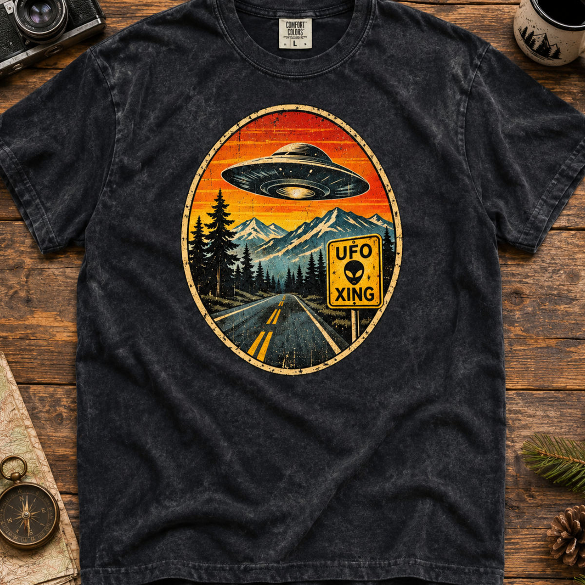 UFO Crossing Vintage Stone Washed Crewneck Tee — Retro Alien UFO Road Graphic
