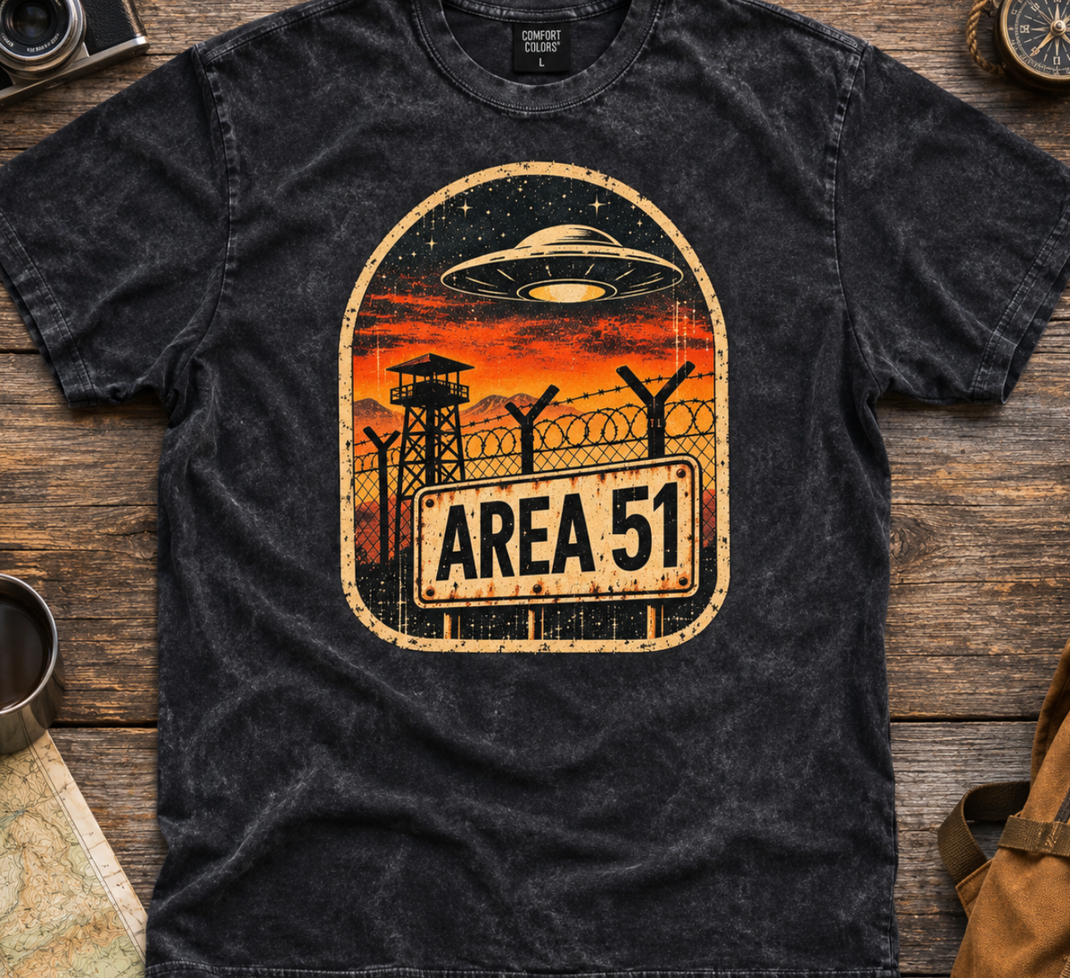 Area 51 Vintage Stone Washed Tee — Retro UFO Graphic Crewneck