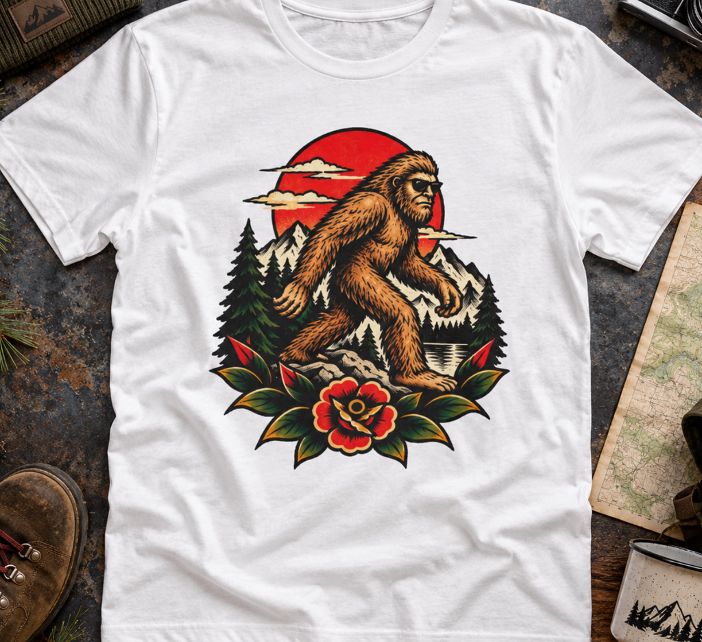 Bigfoot Forest Sunset T-Shirt — Sasquatch Vintage Graphic Tee